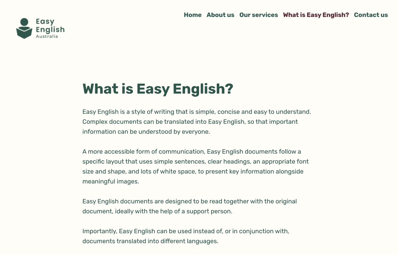 What is Easy English? opening section of the original website