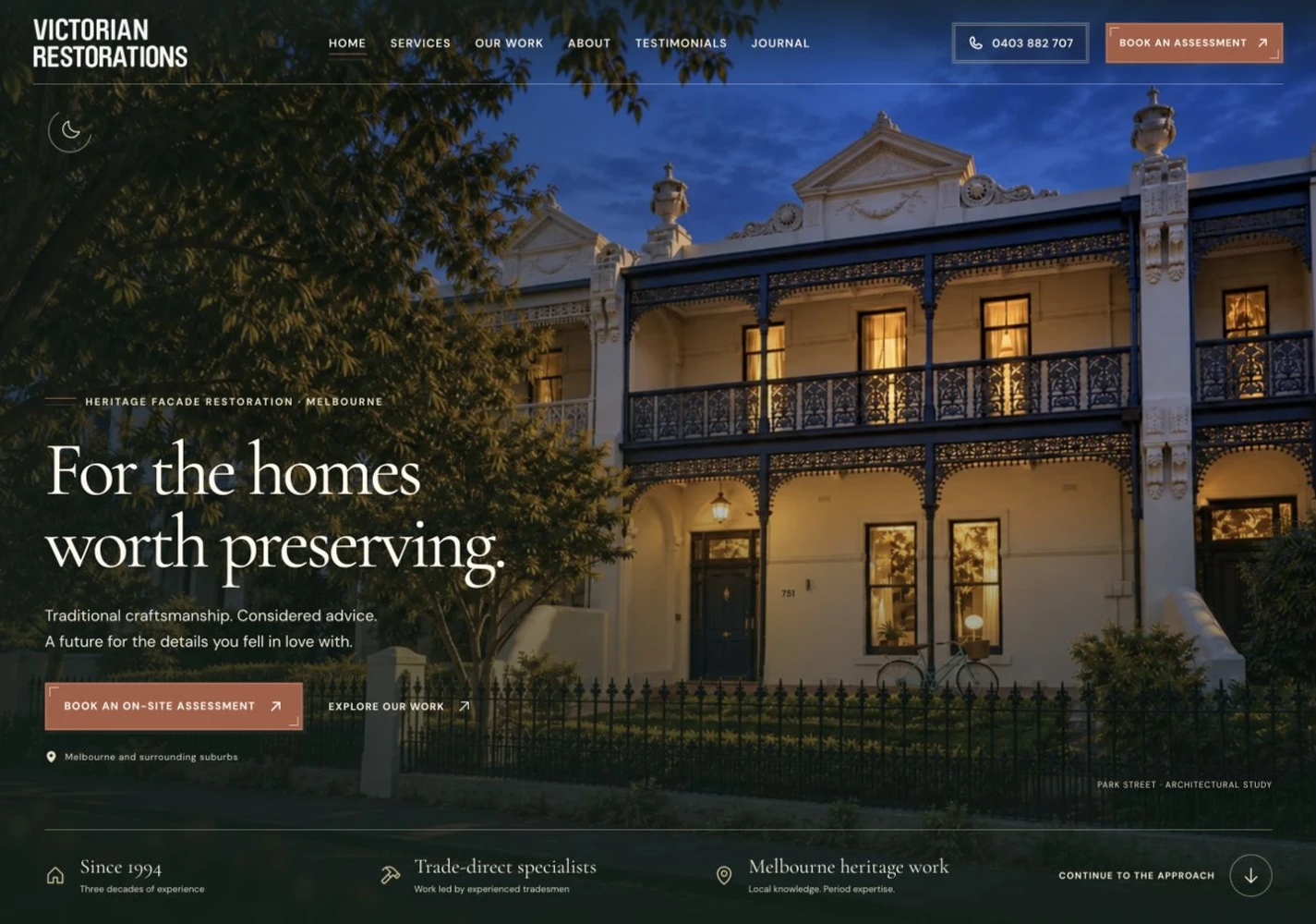 Redesigned homepage at the night stage of its scroll transition, with illuminated windows, editorial headline and assessment invitation.