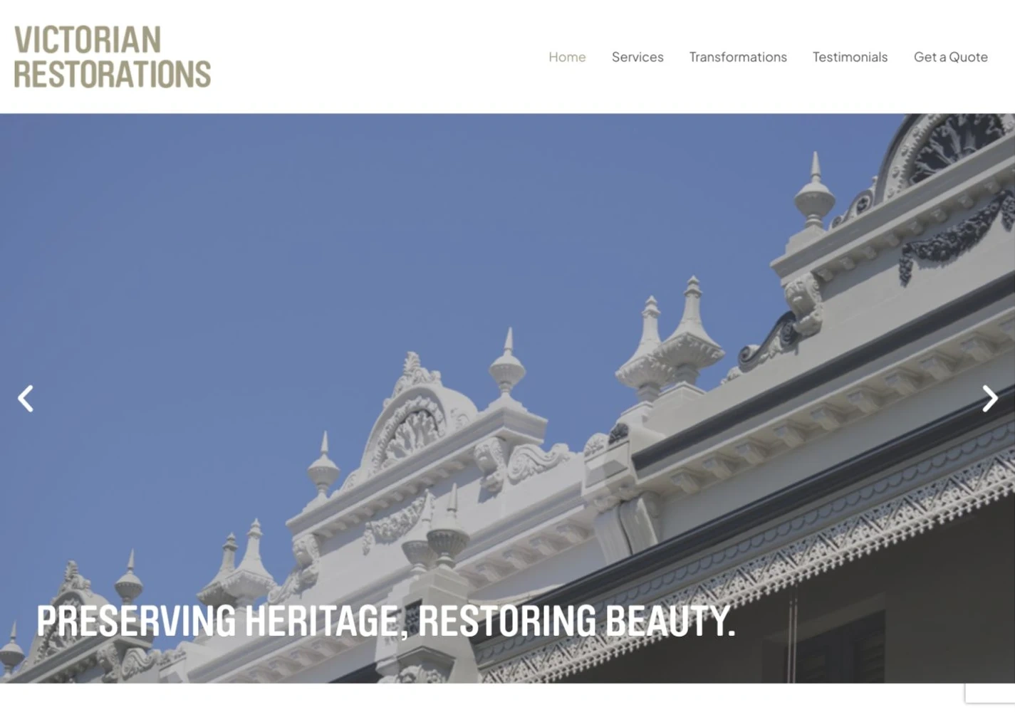 Original homepage opening with a slideshow, uppercase headline and quote navigation.
