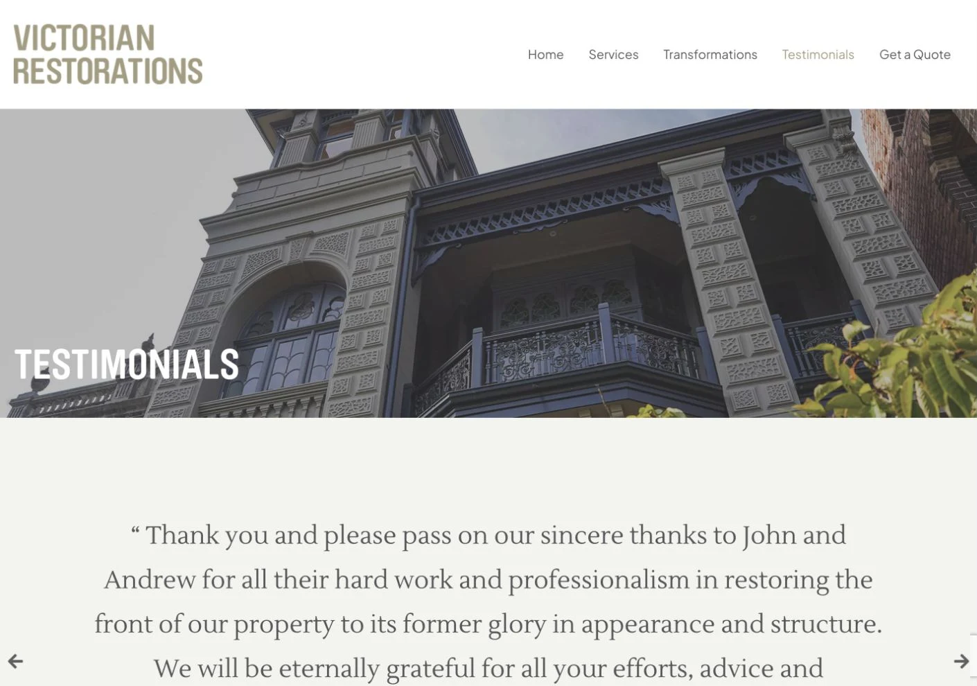 Testimonials opening on the original website