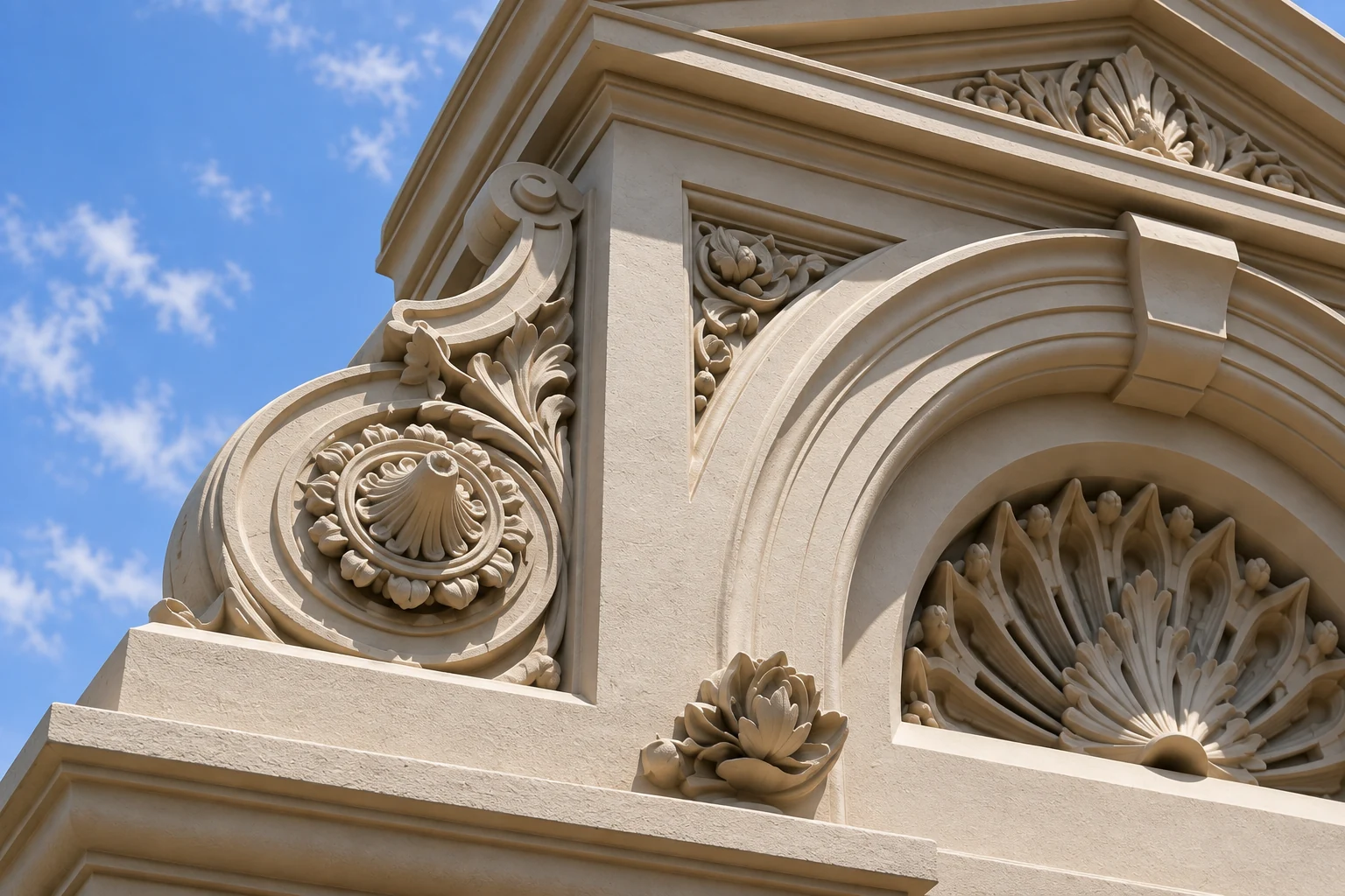 Close view of Lime’s Grove sculpted scroll, circular shell relief and moulded arch.