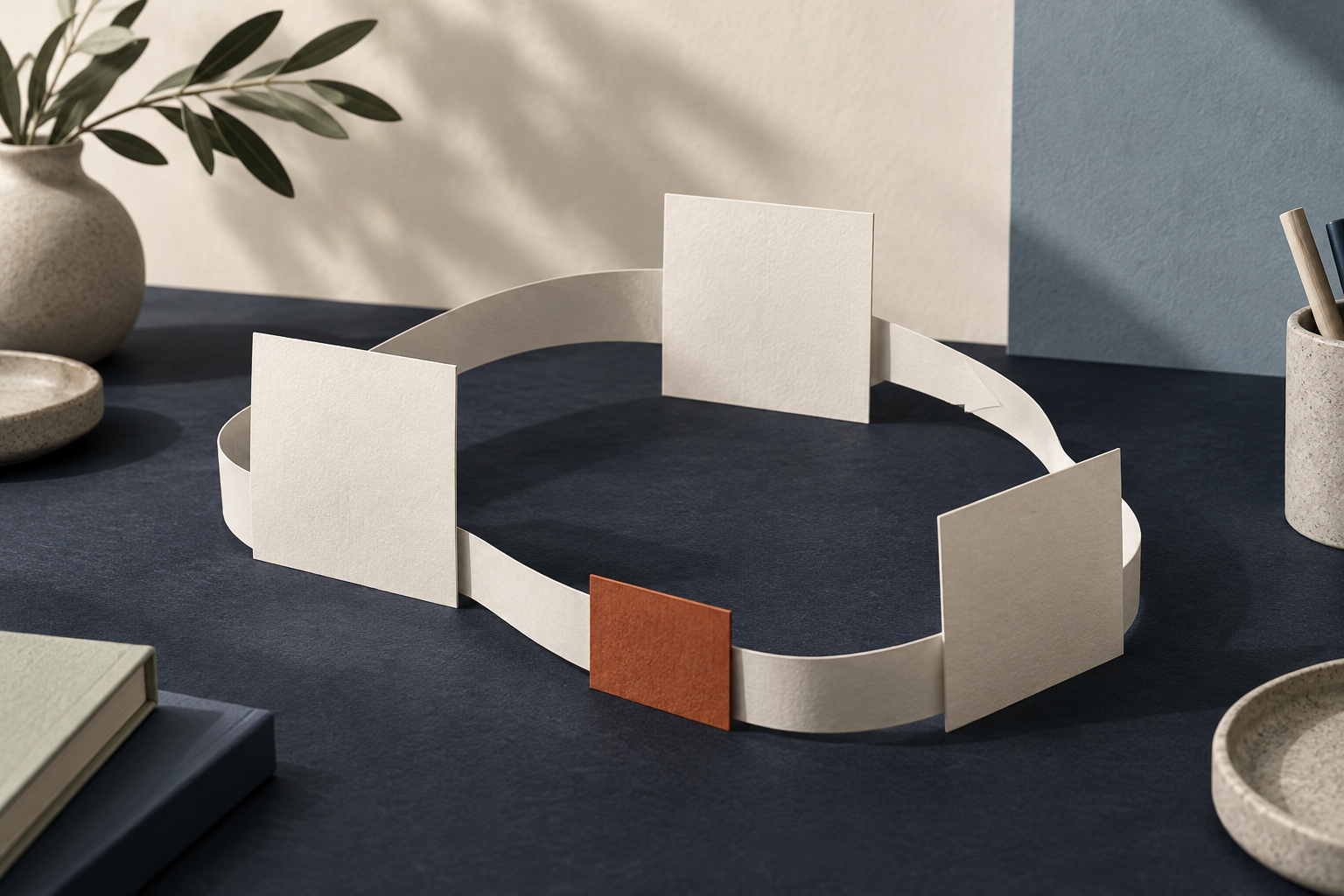 A paper loop passes through blank cards on an ink-navy editorial still life, suggesting an AI agent moving through a bounded workspace.