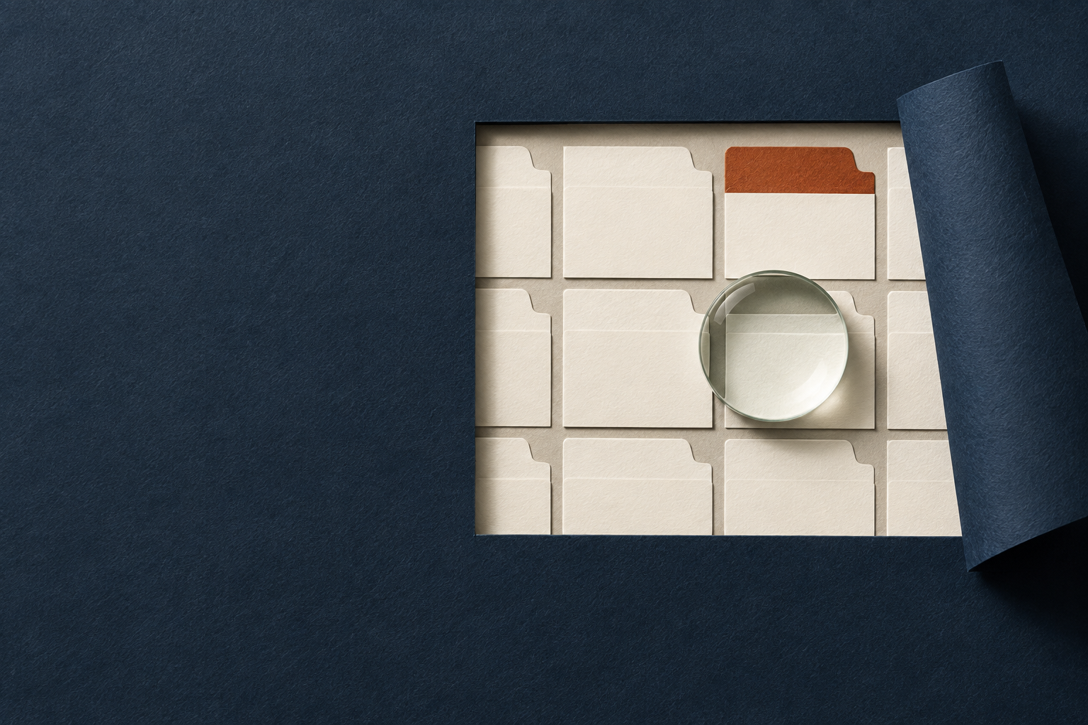 A clear lens over a cream grid of blank metric cards on a dark blue surface, an editorial still life about examining definitions.